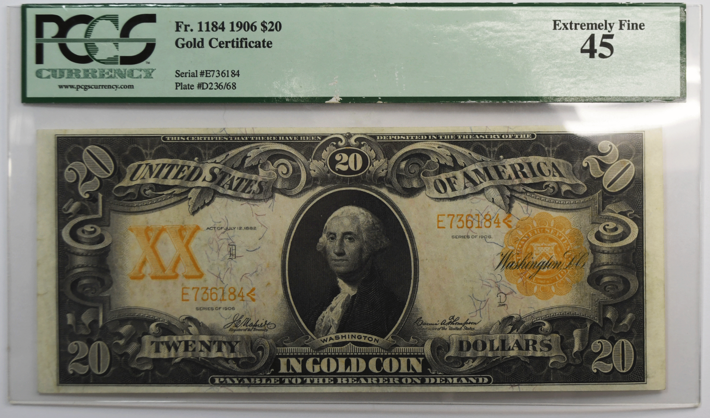 1906 $20 Twenty Dollars Gold Certificate Large Note FR#1184 E736184 PCGS 45