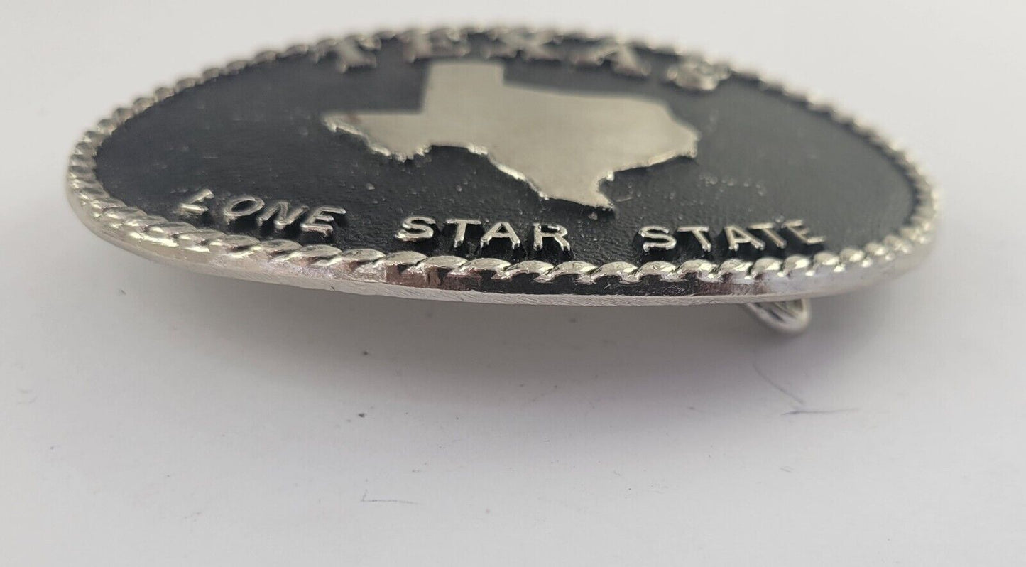 Vintage Lone Star State Texas State Belt Buckle Black Oval Worn 4 x 2 3/4"