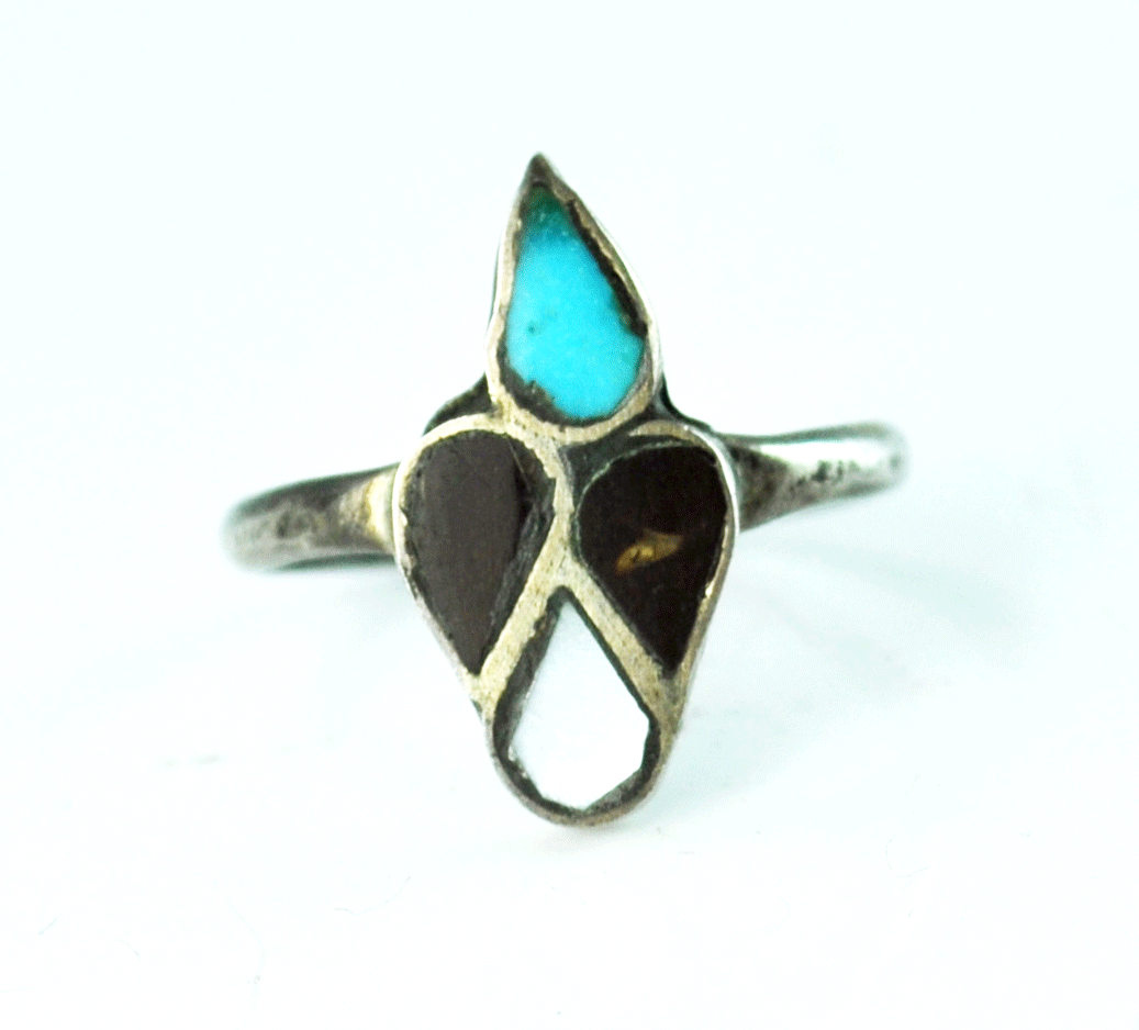 Sterling Turquoise Mother of Pearl Four Stone Inlay Ring 17mm Size 5