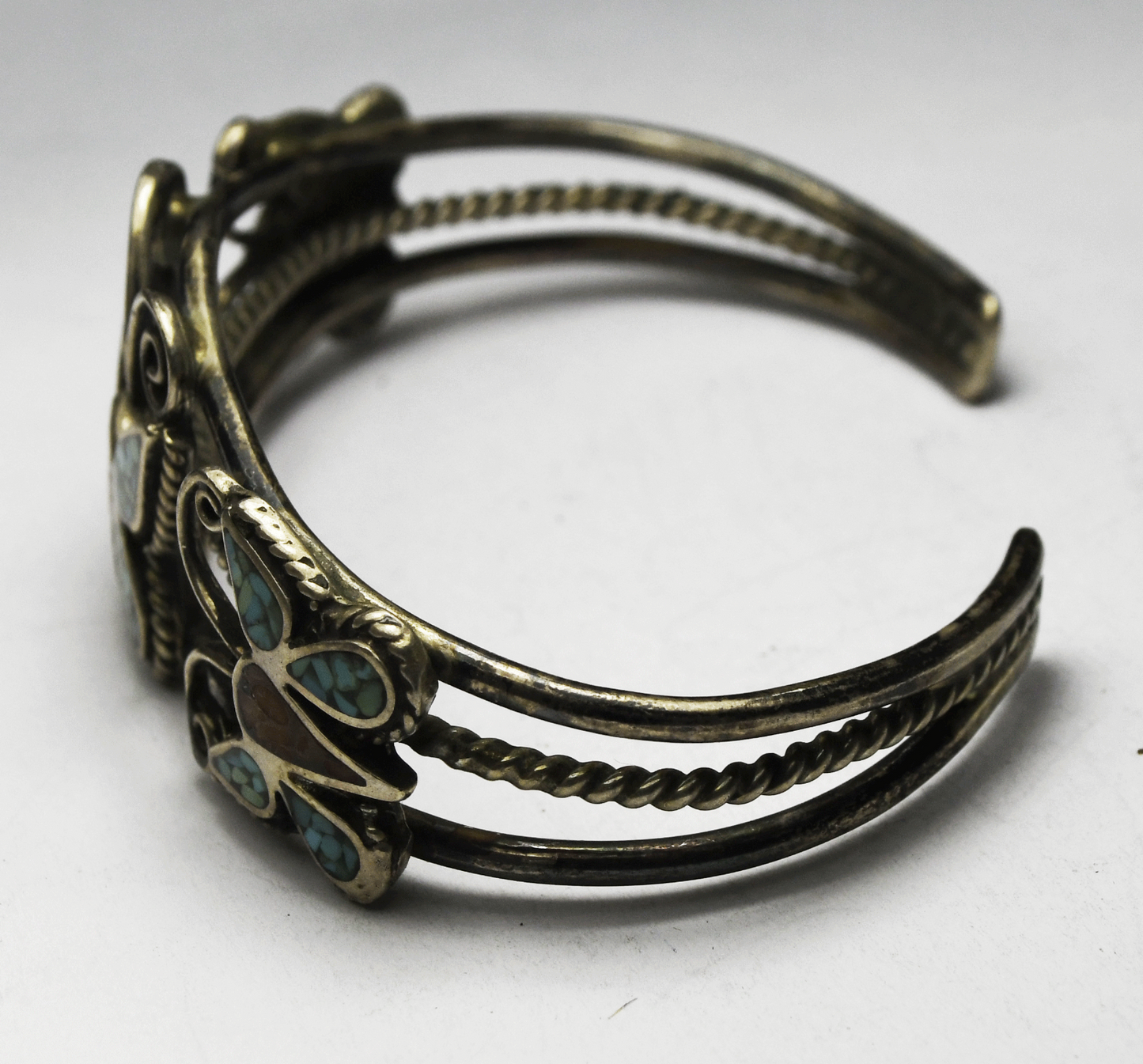 Sterling Coral Turquoise Chip Inlay Butterfly 22mm Cuff Bracelet 6" Wrist