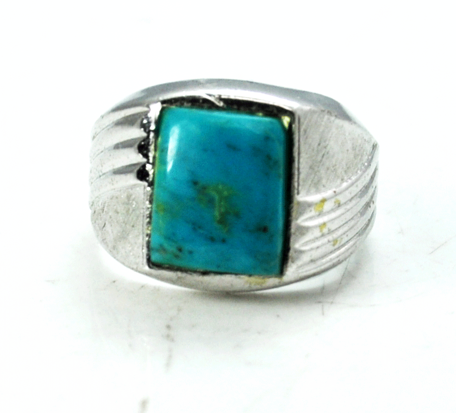 Silver Plated Turquoise Rectangle Solitaire Band Ring 11mm Size 9 Stripe Edge