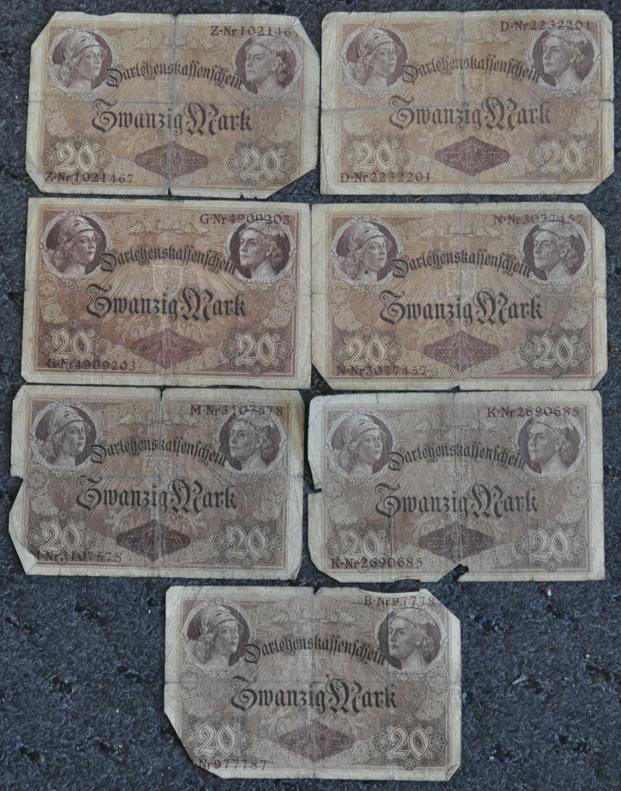 Lot of 9 1914 Germany 20 Twenty Mark State Loan Currency 1-6 Digit 8-7 Digit