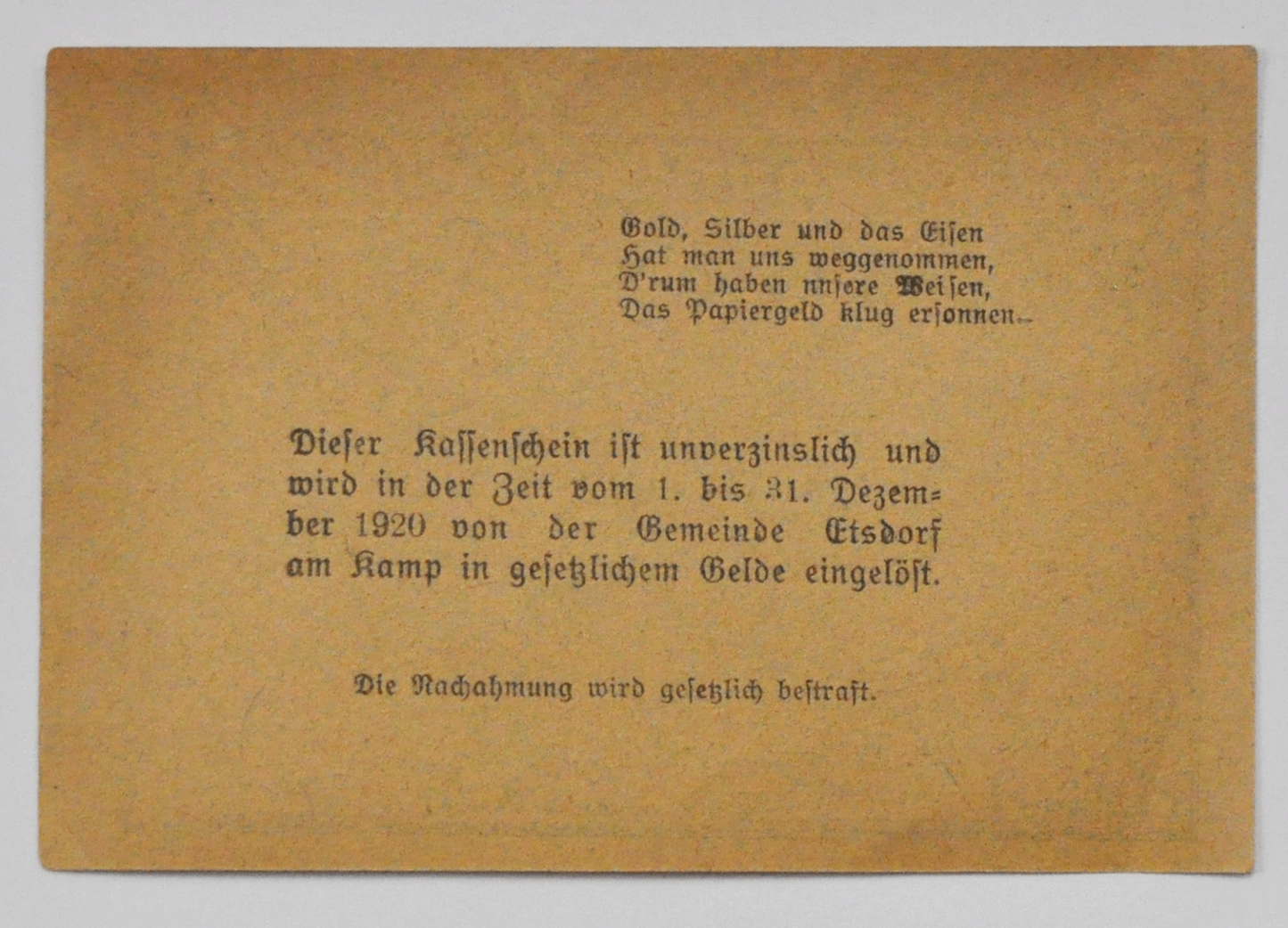 1920 10 Heller Austria Notgeld Banknote Etsdorf