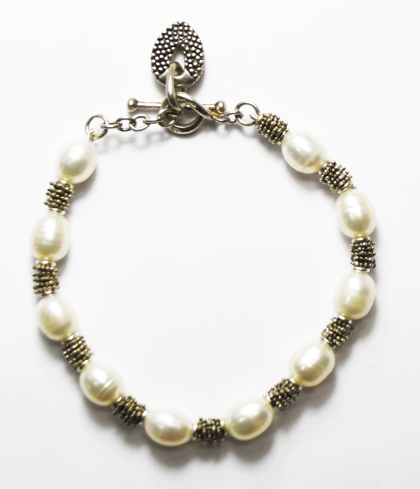 Sterling Silver Oval Pearl Beaded Toggle Bracelet Teardrop Ring 8mm 8.25" 22g