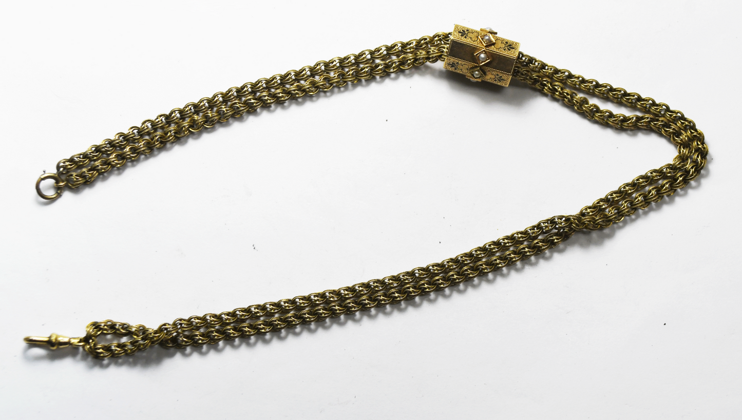 Gold Filled Pocket Watch Double 4mm Chain Pearl Octagon Slider 17"  38g