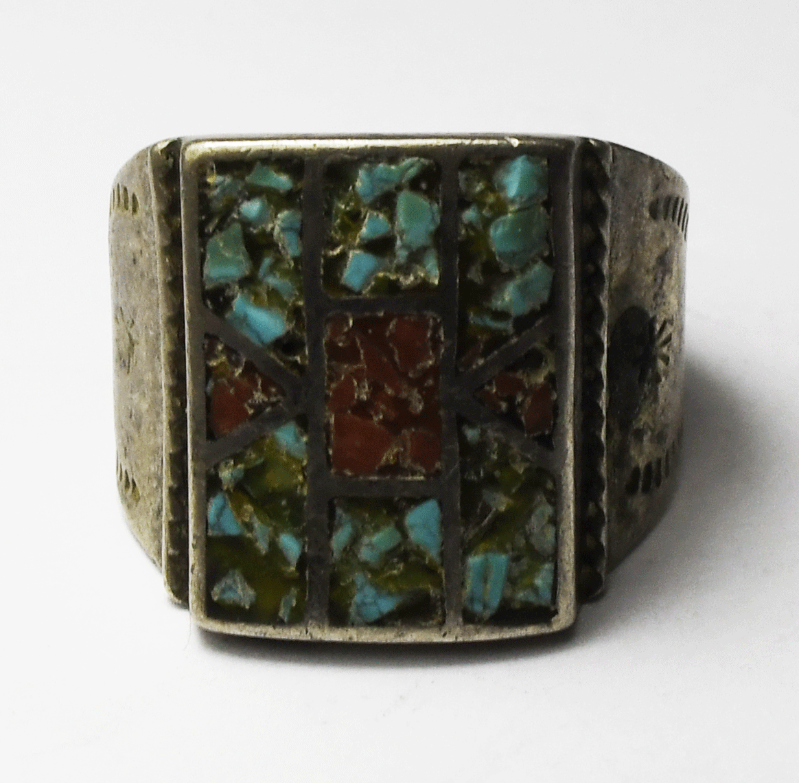 Sterling Silver Turquoise Coral Chip Inlay Rectangle 21mm Ring Size 12-3/4