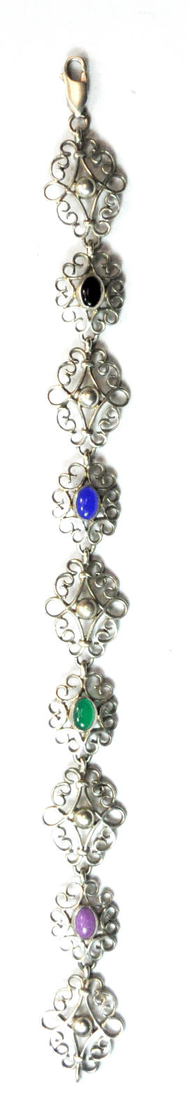 Sterling Silver Filigree Multi Color Stone Link Bracelet 17mm 7.5"