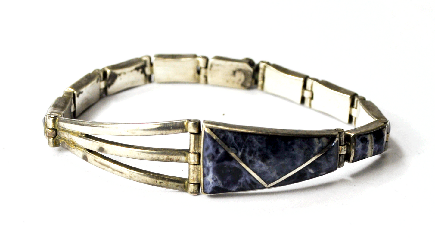 950 Fine Silver Mexico TM-181 Blue Sodalite Link Bracelet 16mm Triangular 7.25"