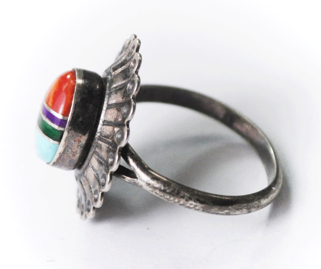 Sterling Silver Southwestern Inlay 18mm Size 5 Turquoise Coral Ring