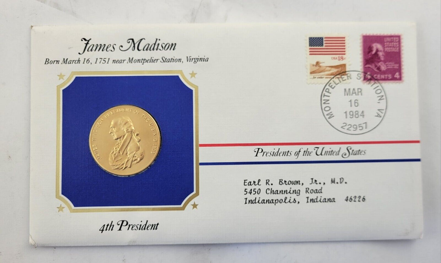 James Madison Presidential Covers Medal Postal Commemorative Society Gold Plated