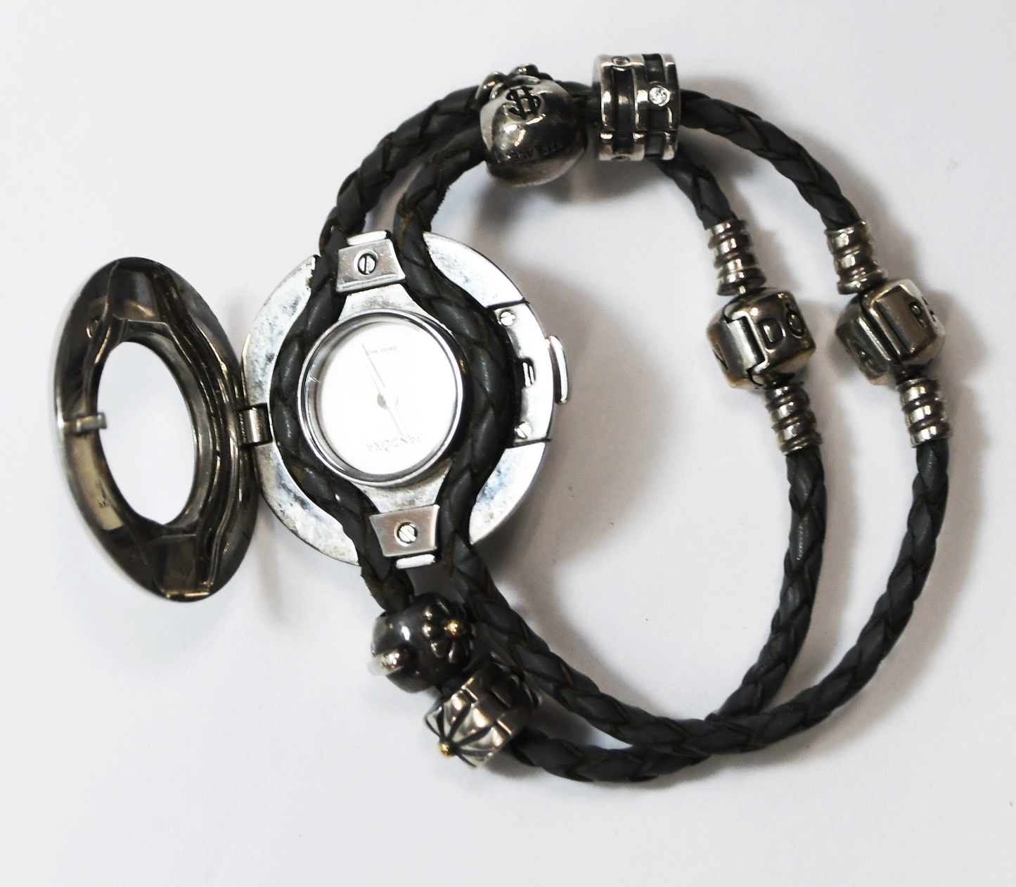 Pandora Embrace 811041LS 30mm Round Wristwatch Double Leather Bracelets 4 Charms
