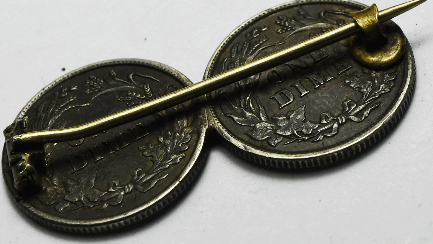 2 1897 10c Seated Liberty Silver Dimes Brooch Pin 36mm
