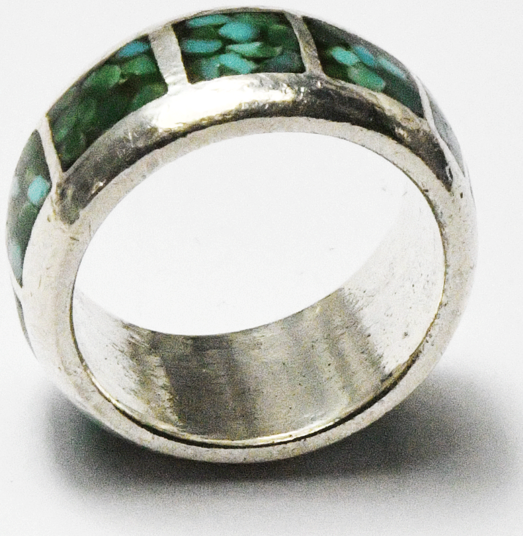 Sterling Silver Green Turquoise Chip Inlay Ring Eternity Band 8mm Size 6-1/4