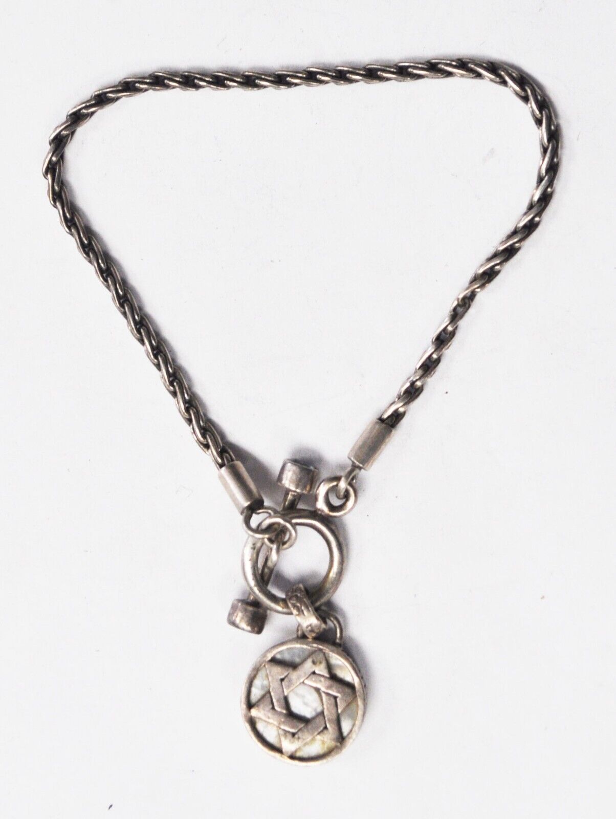 Sterling 15mm Star of David MOP Backdrop Wheat Chain Topaz Toggle Bracelet 7.5"