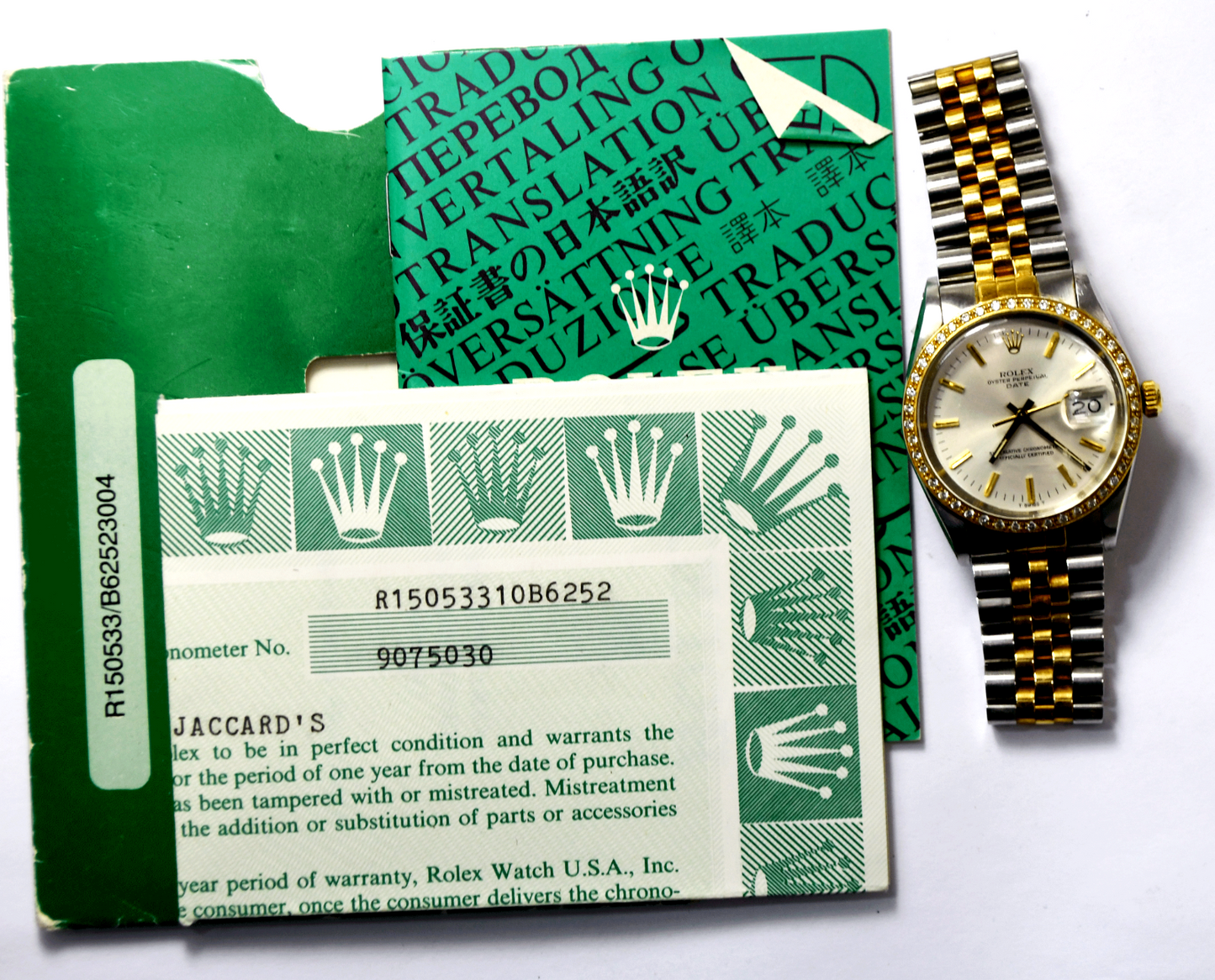 1986 Men's Rolex Datejust 15053 Silver Stick Dial 34mm Diamond Bezel 18k