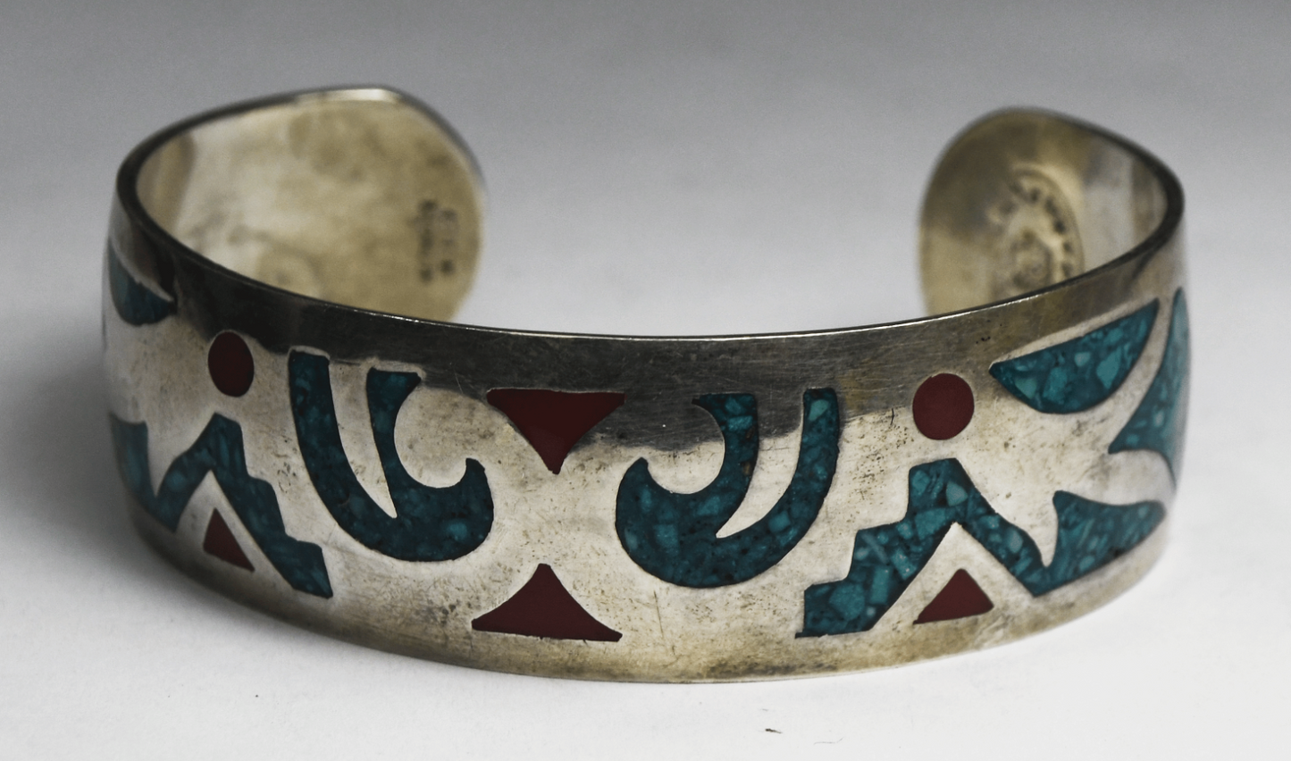 Sterling Silver Chip Inlay Turquoise Red Enamel Cuff Bracelet  19mm 7" Wrist