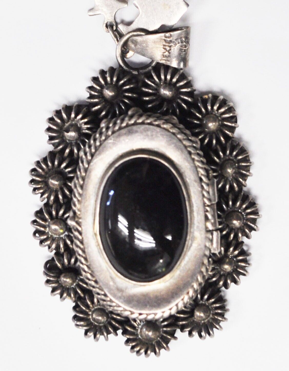 Sterling Onyx Oval Pillbox Flower Halo 72mm Pendant 27" 9mm Necklace