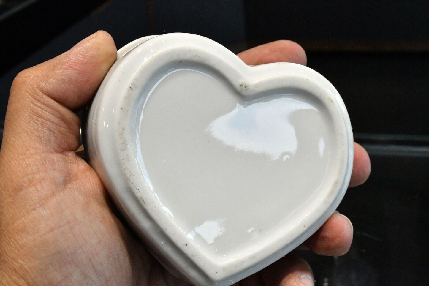 Gold Trimmed Heart Shaped White Ceramic Jewelry Box with Girl 3 1/2" x 1 1/4"