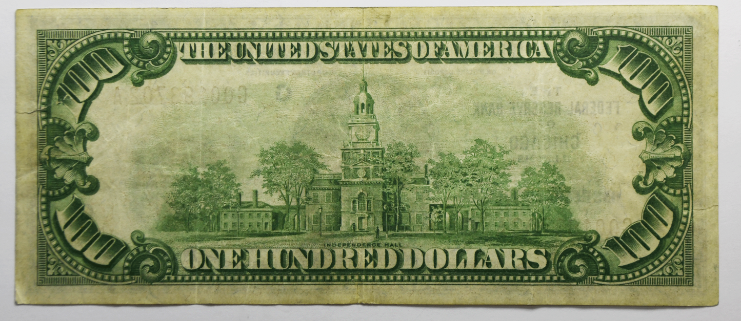 1929 $100 Hundred Bill FRBN Federal Reserve Bank Note Chicago G00193702A