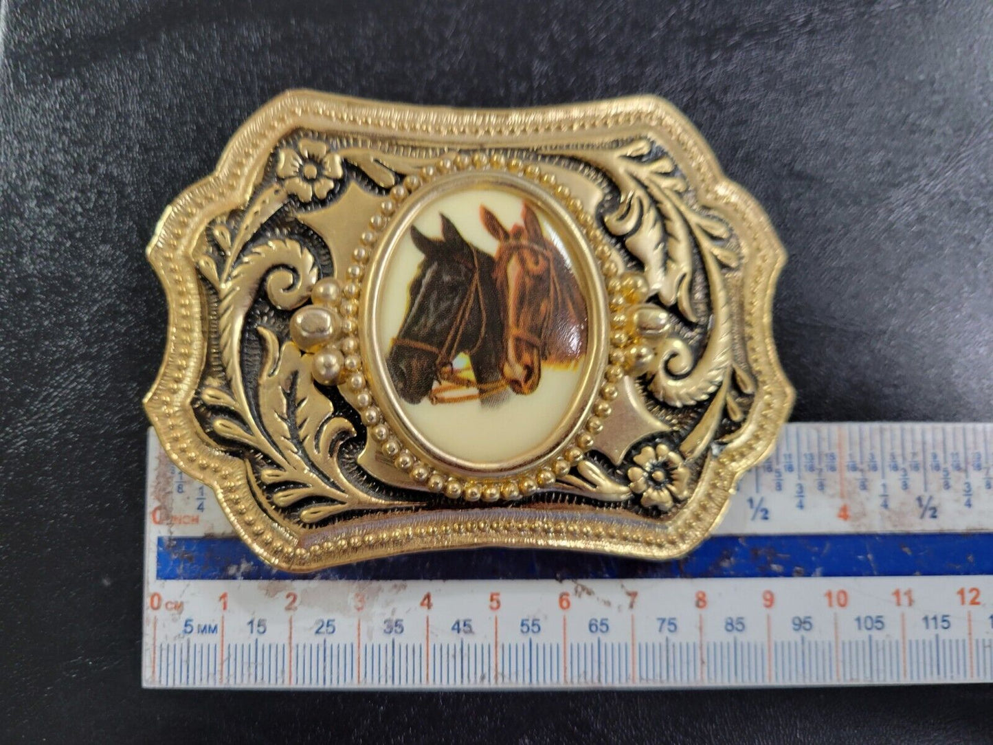 Vintage Double Horse Head Gold Tone Metal Belt Buckle 3 3/3"x 2 1/2"