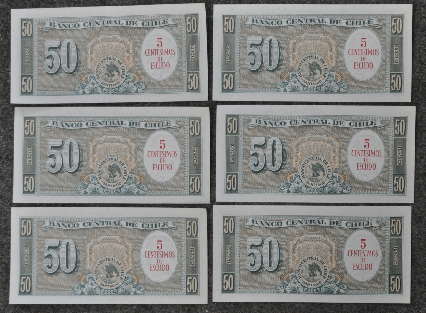 6 Sequential Uncirculated Chile 5 Centesimos on 50 Pesos Notes 830971-976