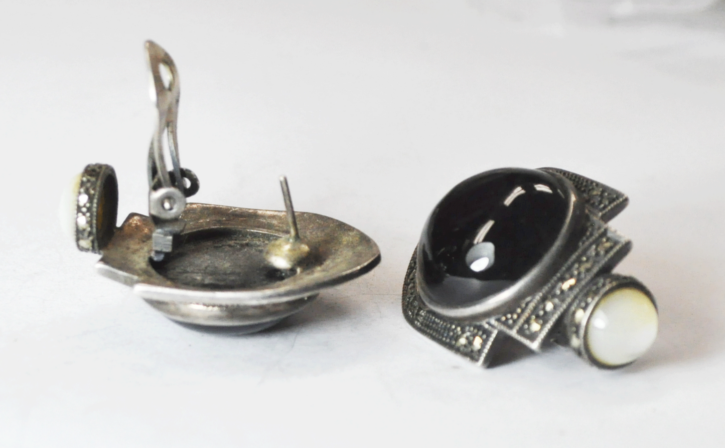 Sterling Silver Designer Signed Onyx Marcasite MOP Clip On Earrings 36mm x 25mm