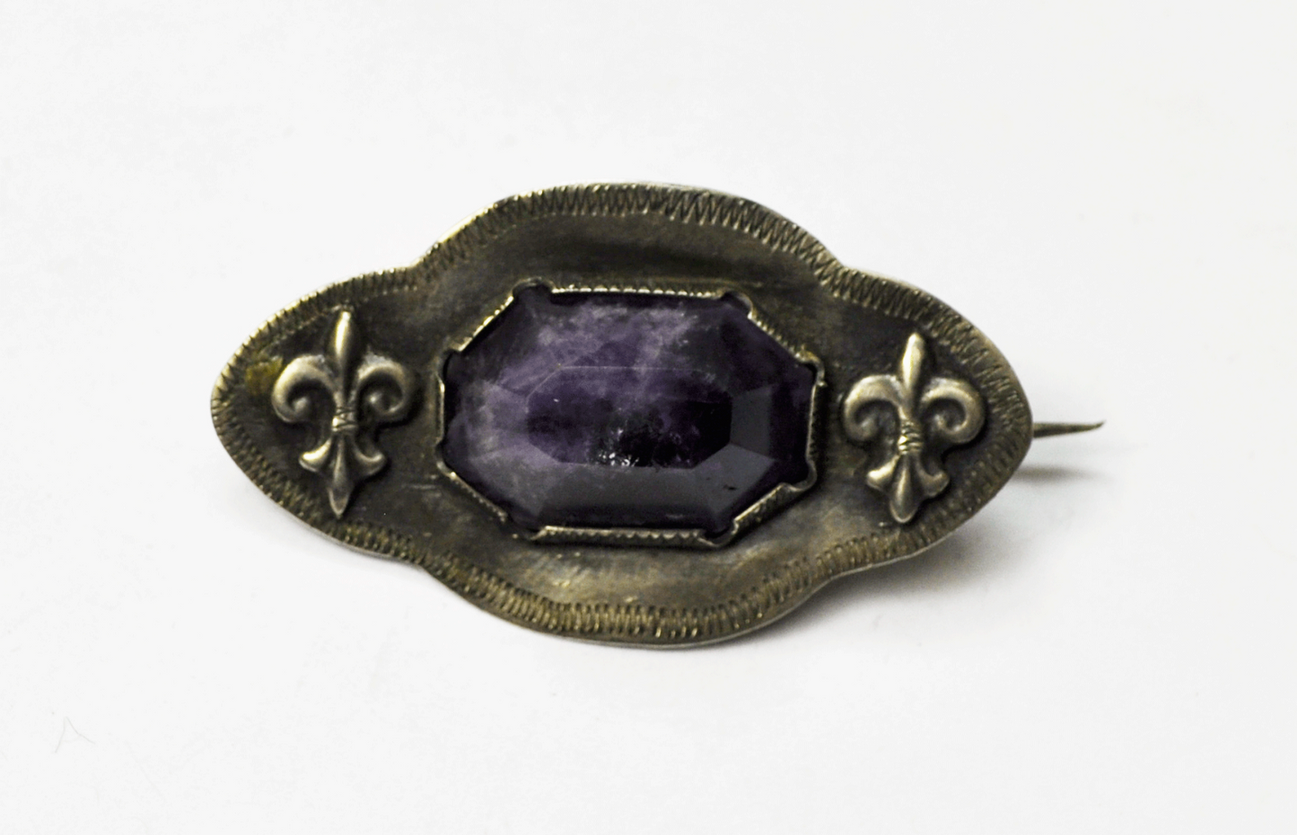Antique Sterling Silver Mexico Purple Amethyst Fleur De Lis Brooch Pin 2" 29mm