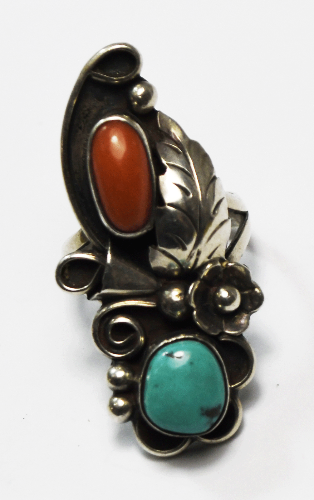 Sterling Silver Phil Chapo Turquoise Coral Elongated Ring 44mm Size 9
