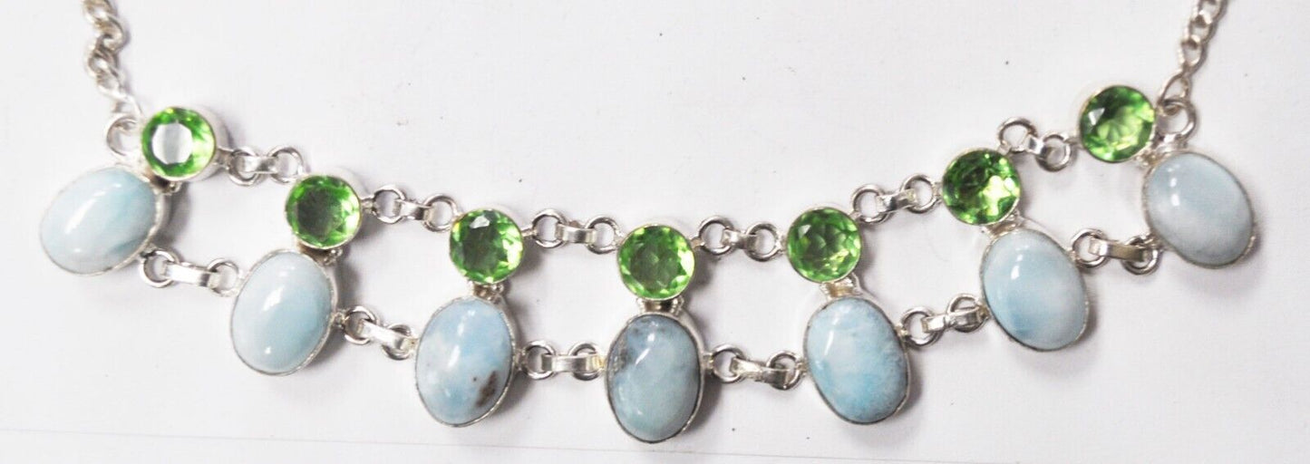 Sterling Silver Larimar Dangle Elegant Necklace 25mm Green Blue 19"