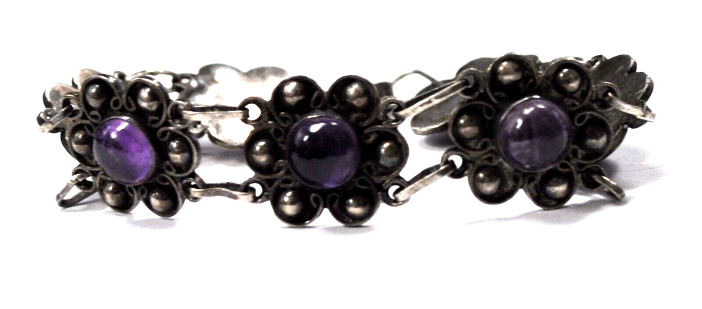 Vintage Mexico Sterling Silver Amethyst Flower Bracelet 17mm 7"