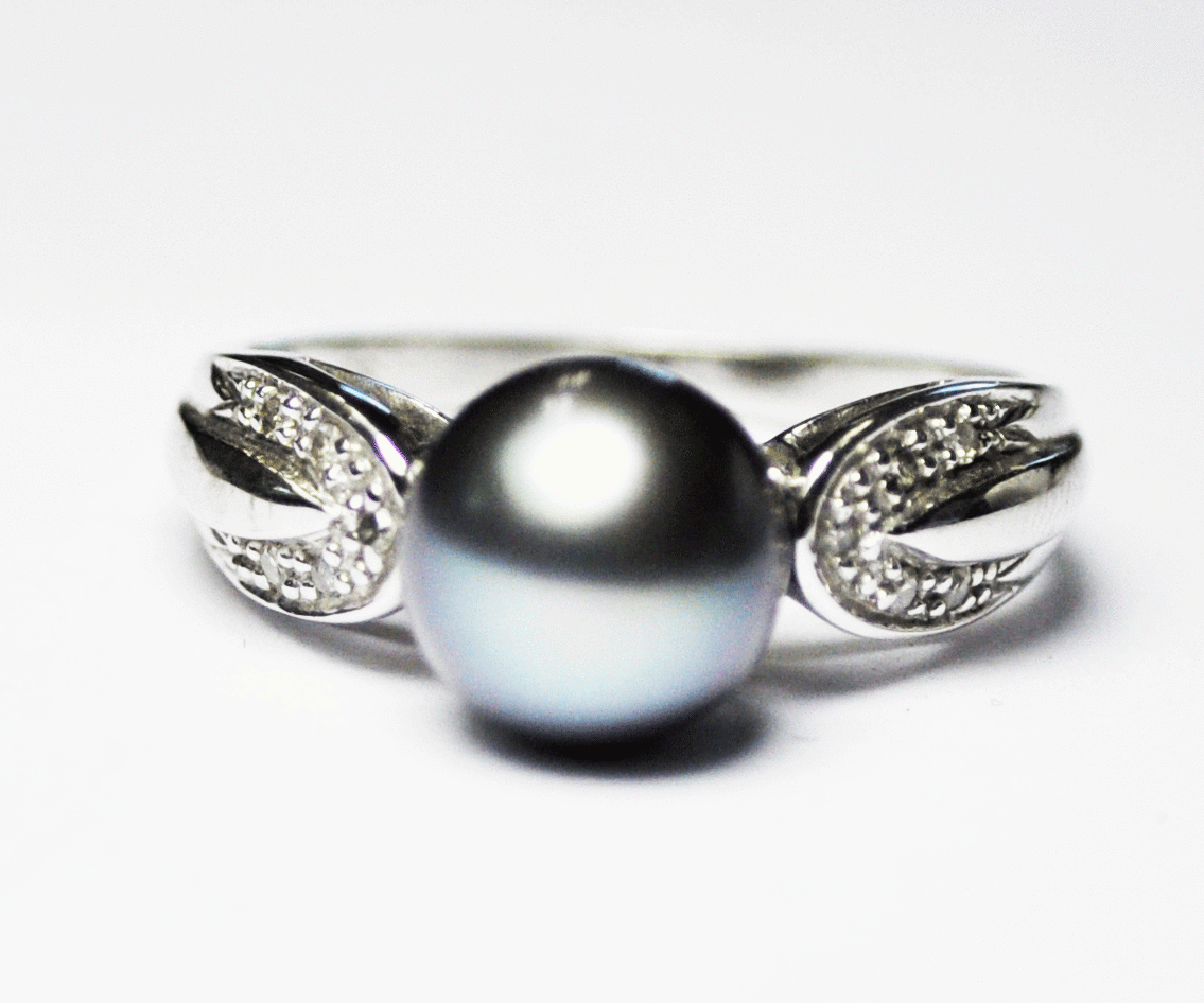 Beautiful 10k White Gold Tahitian Black Pearl & Diamond Rings 8.5mm Size 8