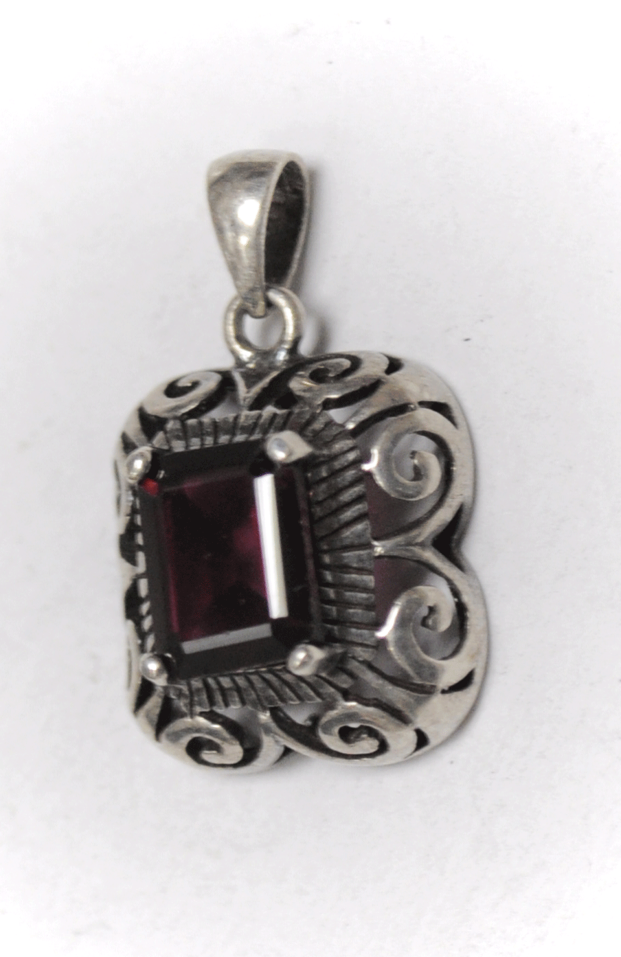 Sterling Silver Red Garnet Scroll Filigree Rectangle Pendant 17mm x 26mm JC
