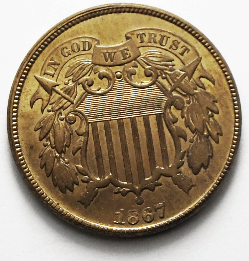 1867 2c Shield Two Cent Piece US Coin AU