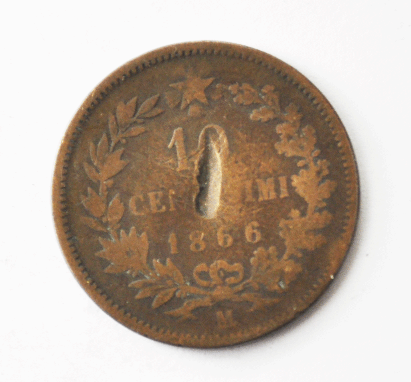 1866 M Italy 10 Ten Centesimi Copper Coin KM# 11.1