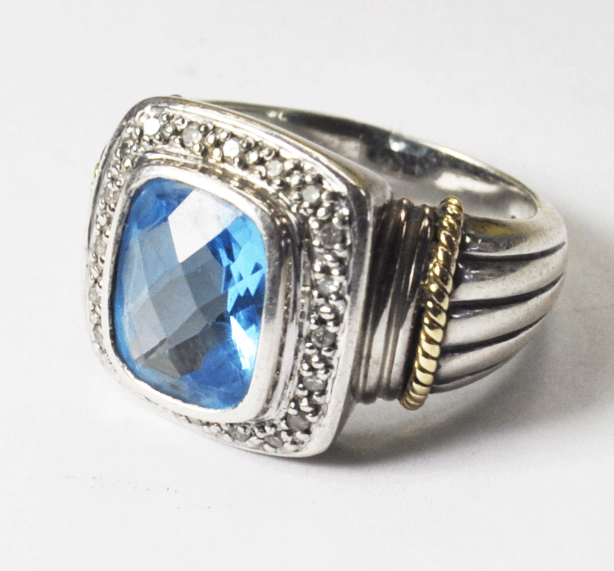 Sterling Silver 14k Sadye L Vassil Blue Topaz Diamond Halo Ring 17mm Size 7-1/2