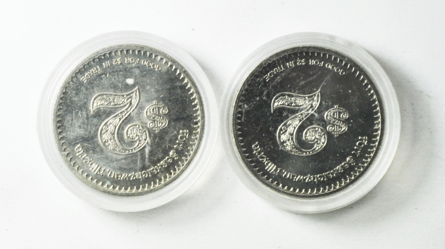 2 $1`Canada Trade Dollars 34mm Horseshoe Lounge Fort Saskatchewan