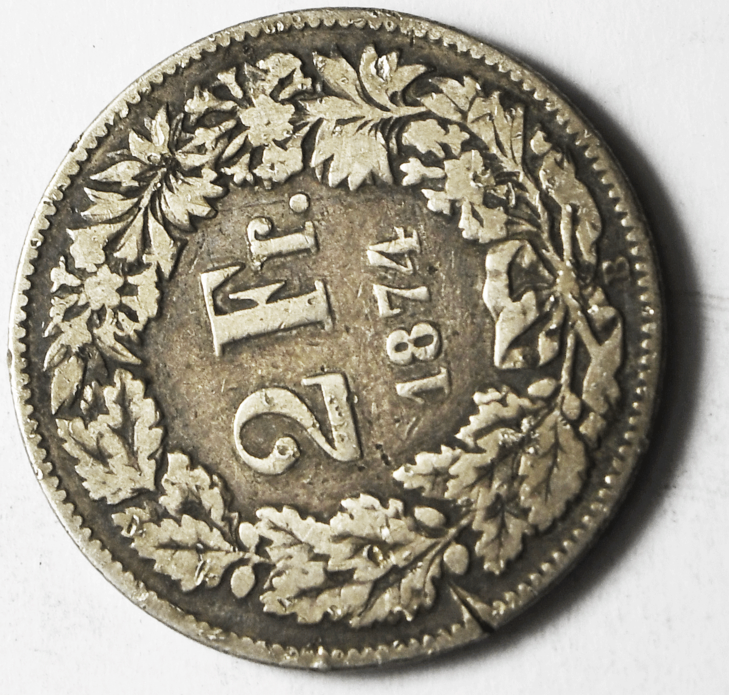 1874 B Switzerland One Franc KM# 24 Silver Coin