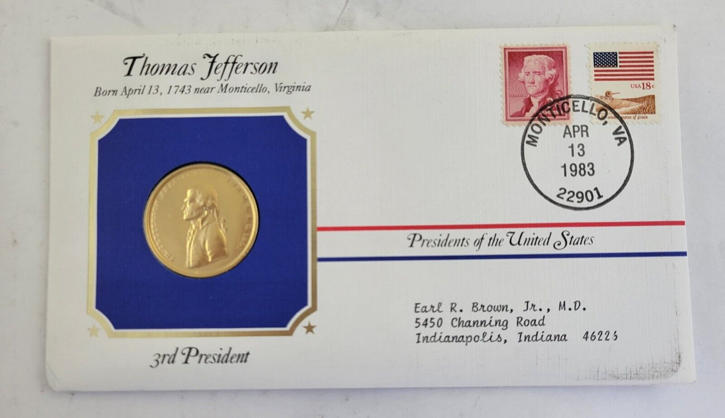 T Jefferson Presidential Covers Medal Postal Commemorative Society Gold Plated