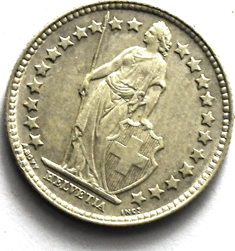 1912 B Switzerland One Franc Silver Coin KM# 23 AU