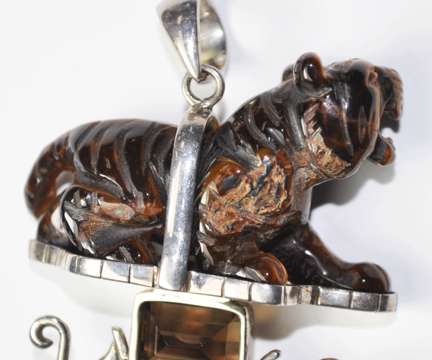 Sterling Tiger Carved Tiger's Eye Quartz Large Pendant 3-3/4" x 51mm Floral Vine