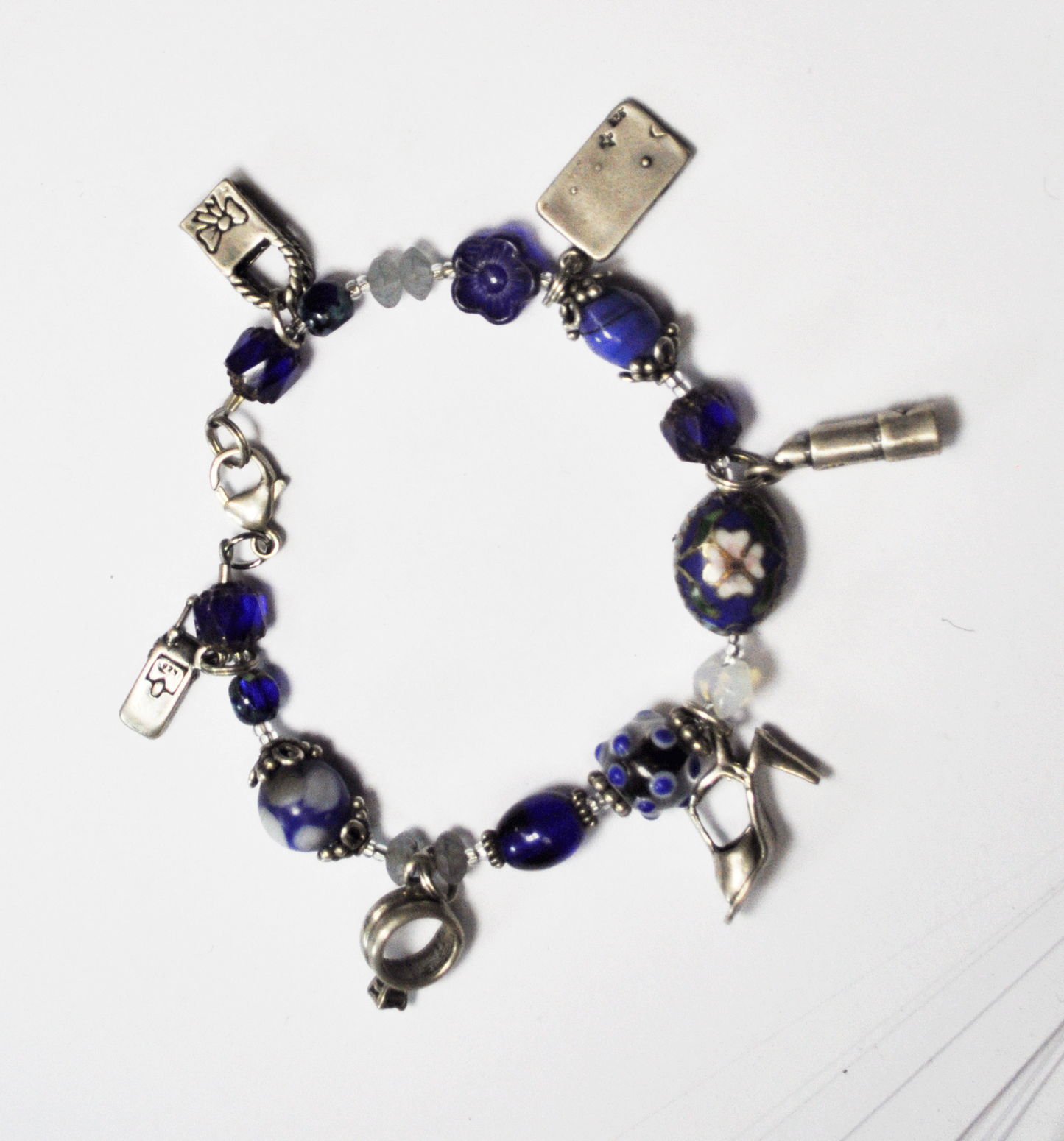 925 Silver Blue Glass Bead Wire Travel Charm Bracelet 7" Ring Phone CC Shoe