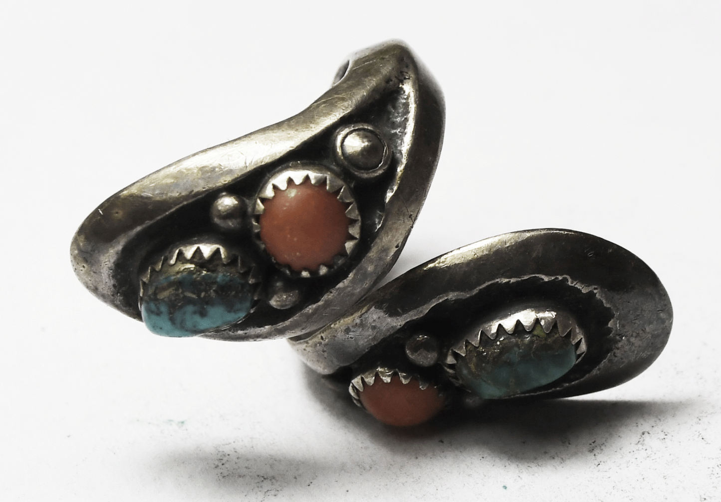 Antique Sterling Silver Turquoise & Coral Bypass Ring 40mm Size 9 Sandcast