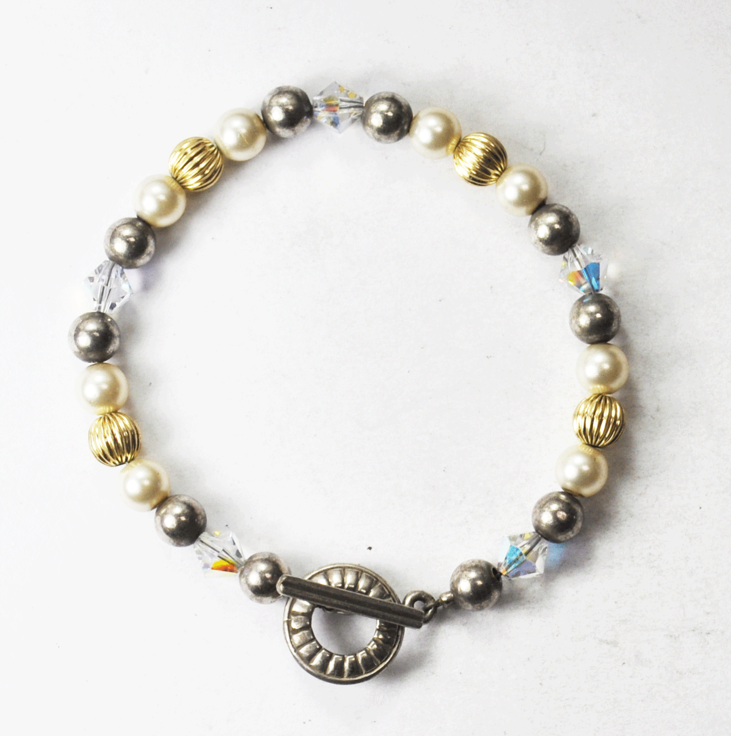 Silver Plate Round Clear Gold Silver Pearl Toggle Bracelet 6mm 7" Sterling