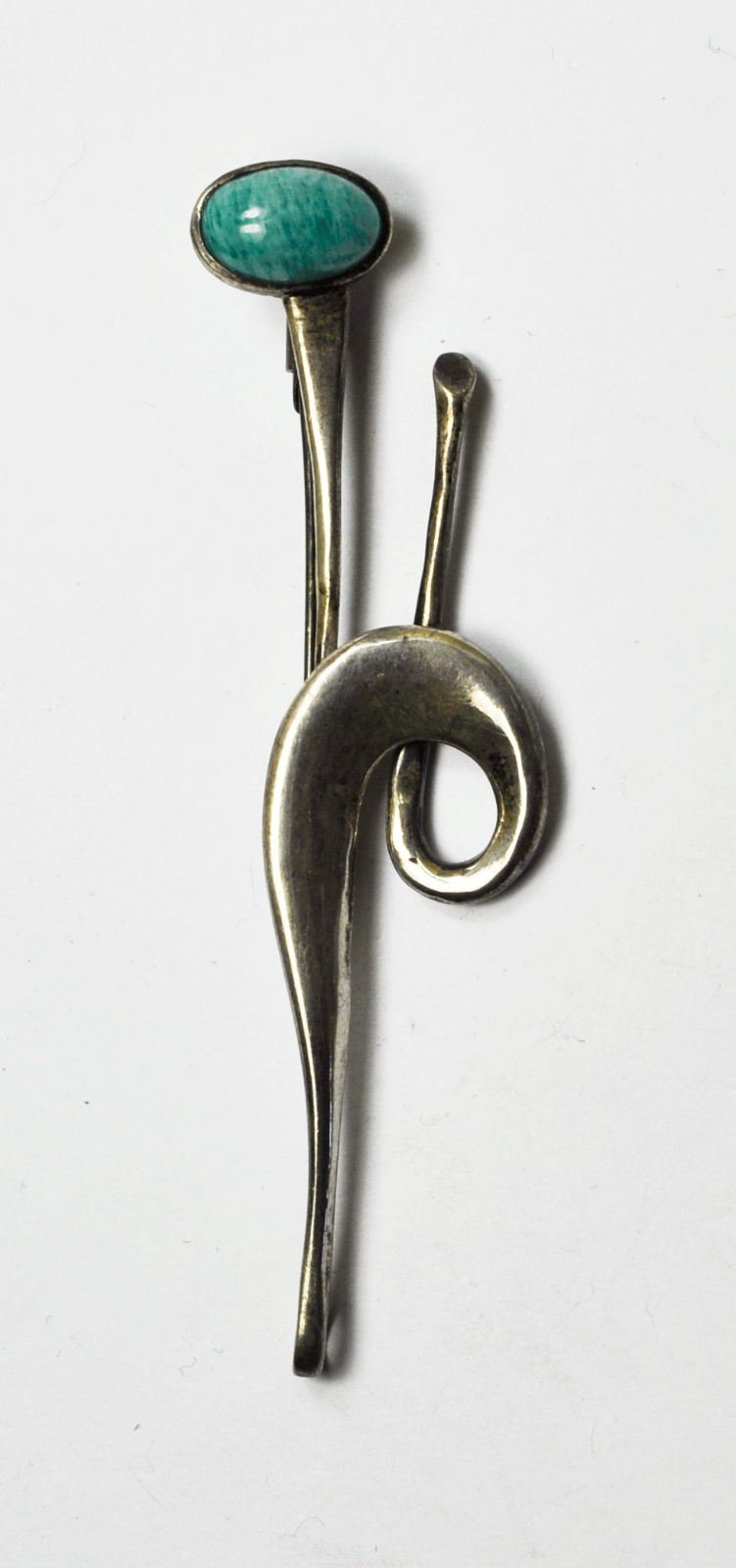 Sterling Silver Amazonite Blue Oval Long Vintage Brooch Pin Abstract 3-5/8"