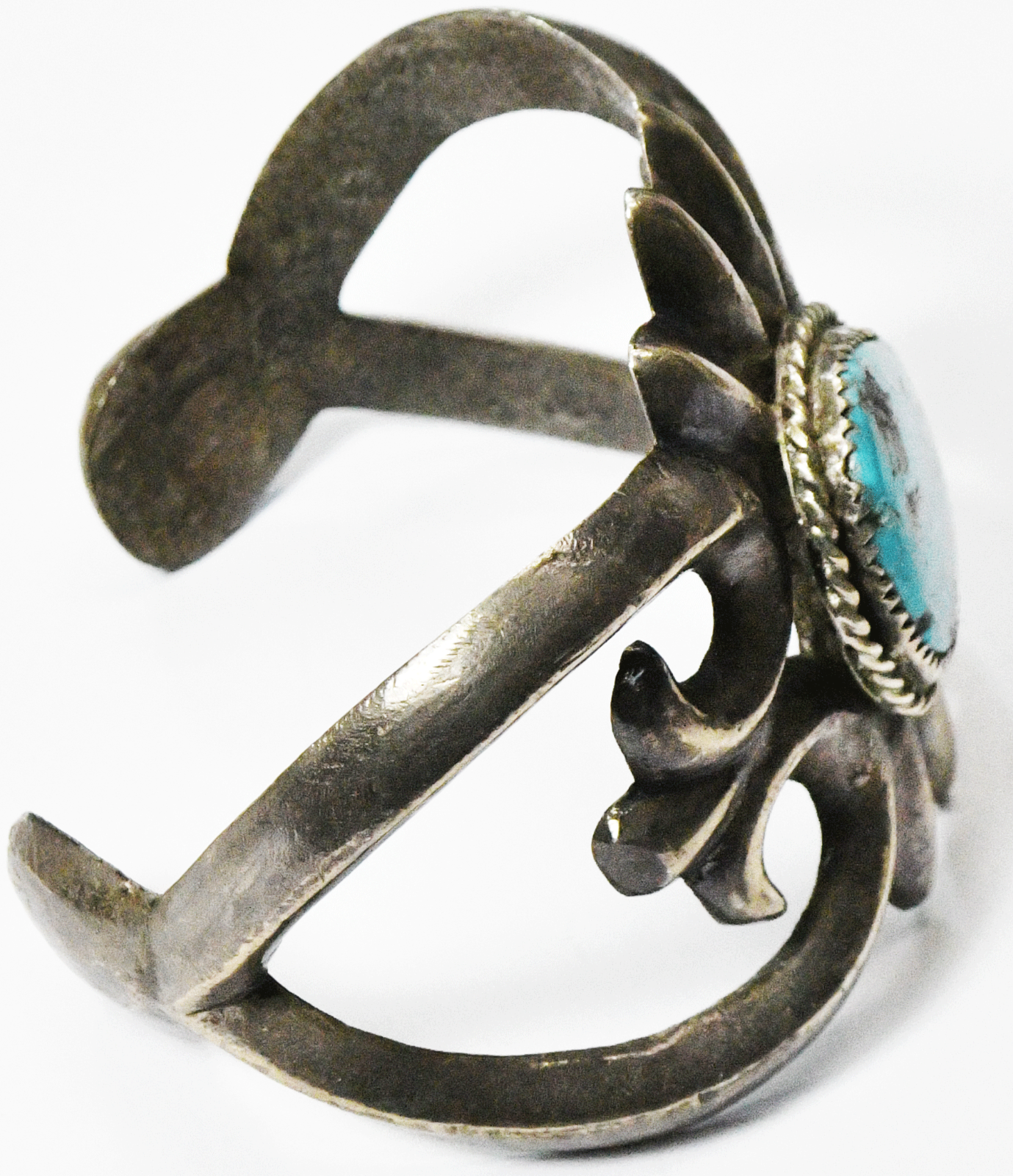 Antique Sterling Sand Cast Spiked Edge Turquoise Scroll Cuff Bracelet 52mm