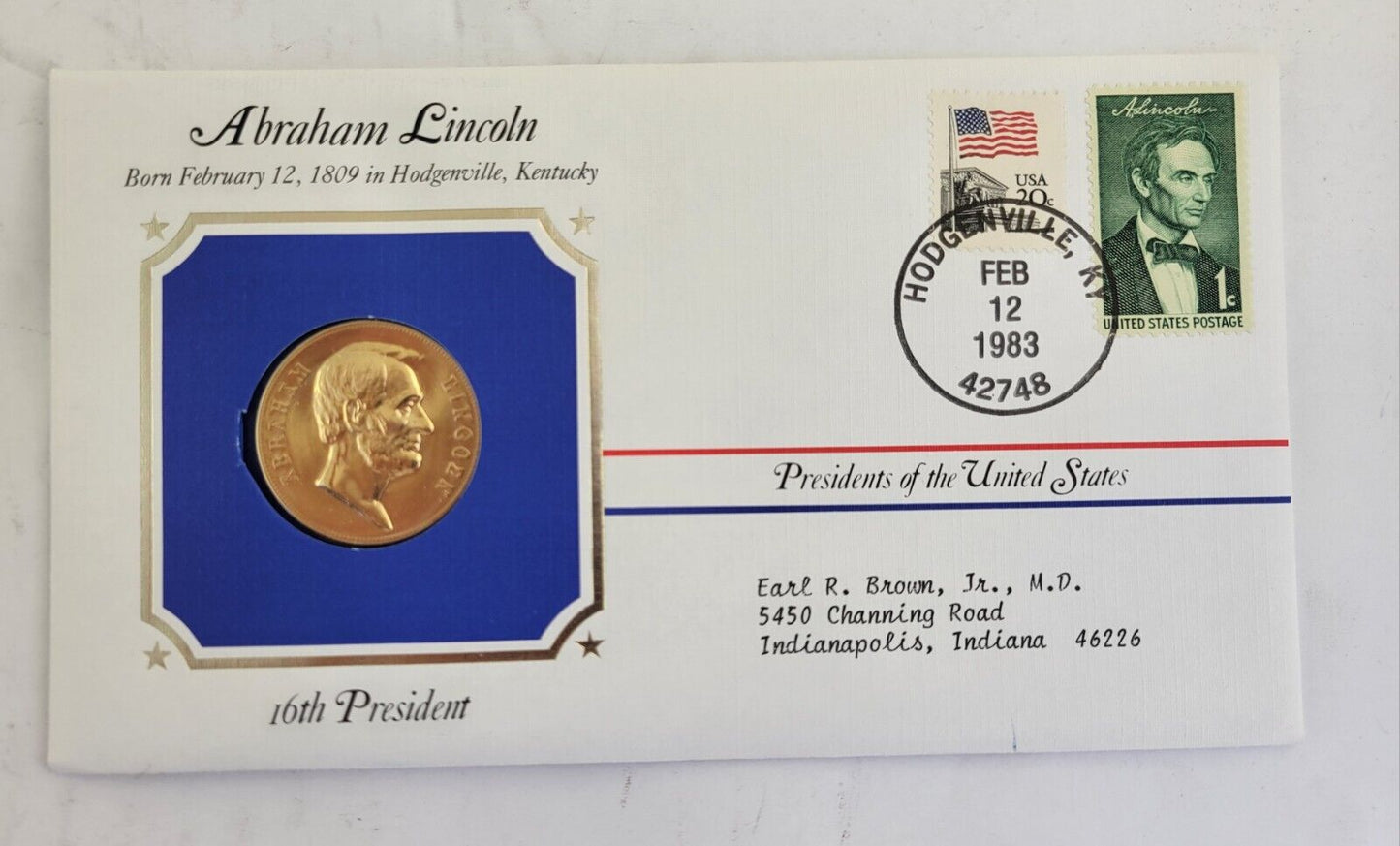 A Lincoln Presidential Covers Medal Postal Commemorative Society Gold Plated