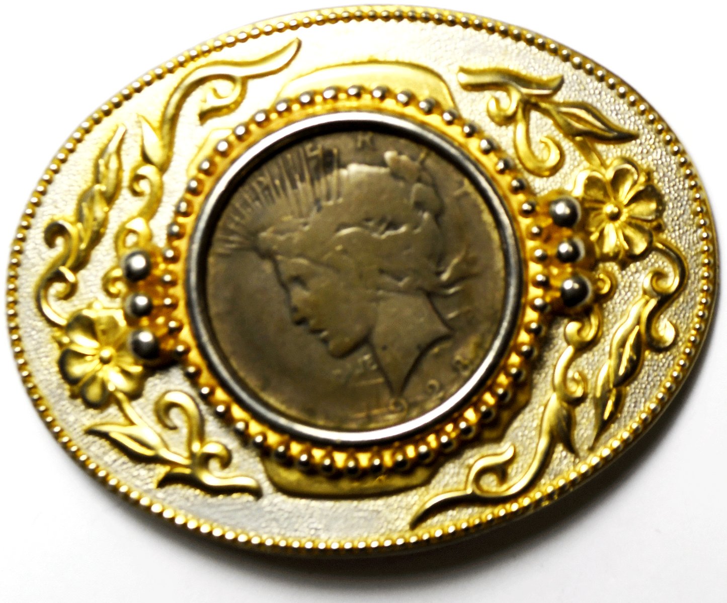 1928 S $1 Peace Silver Dollar Belt Buckle Gold Silver Tone Flower 3-3/8"x2-1/2"