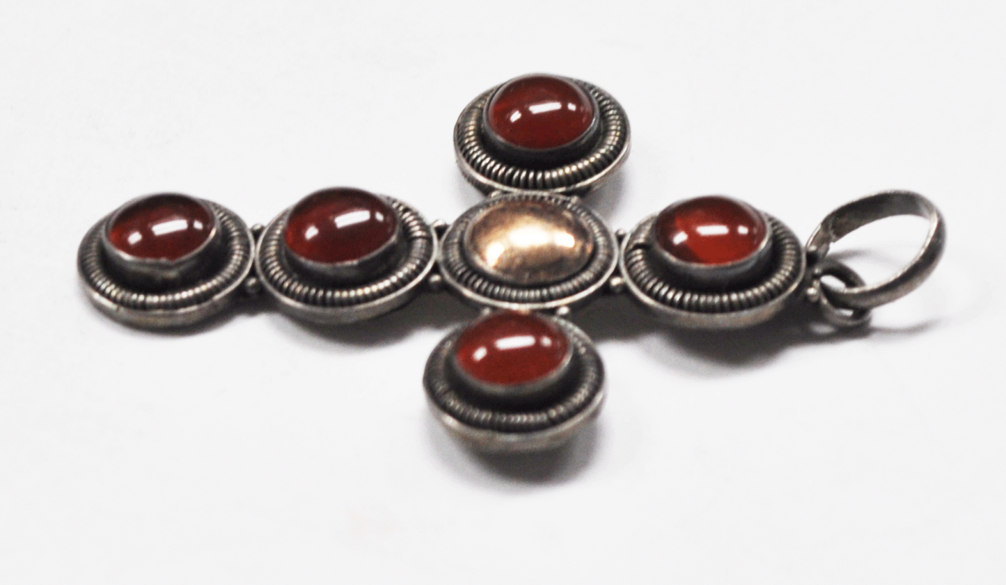 Sterling Silver Two Tone Round Amber Cross Pendant 33mm x 49mm
