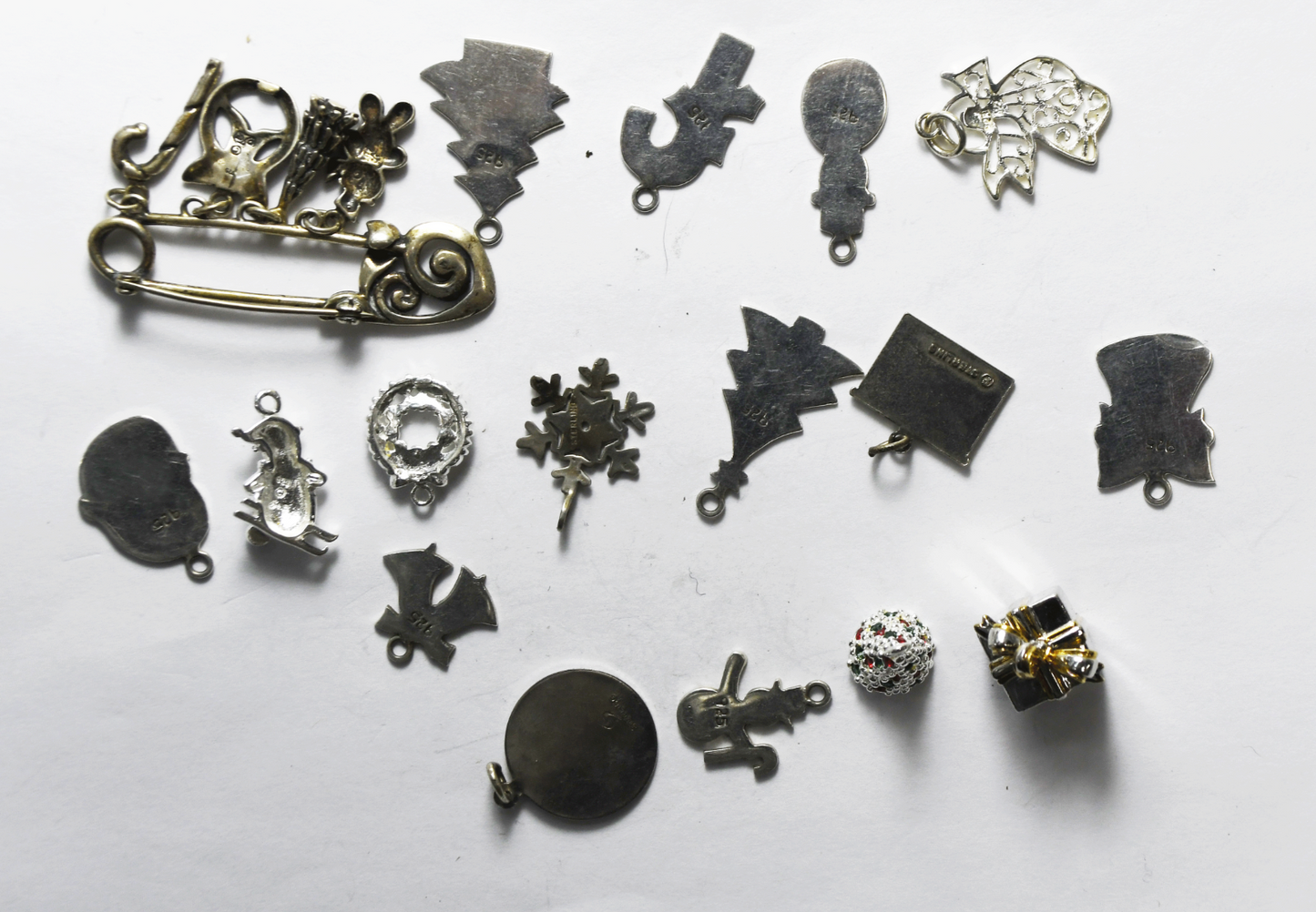 Sterling 16 Christmas X-mas Charms & 4 Charm Brooch Tree Angel Snowman Bells 39g