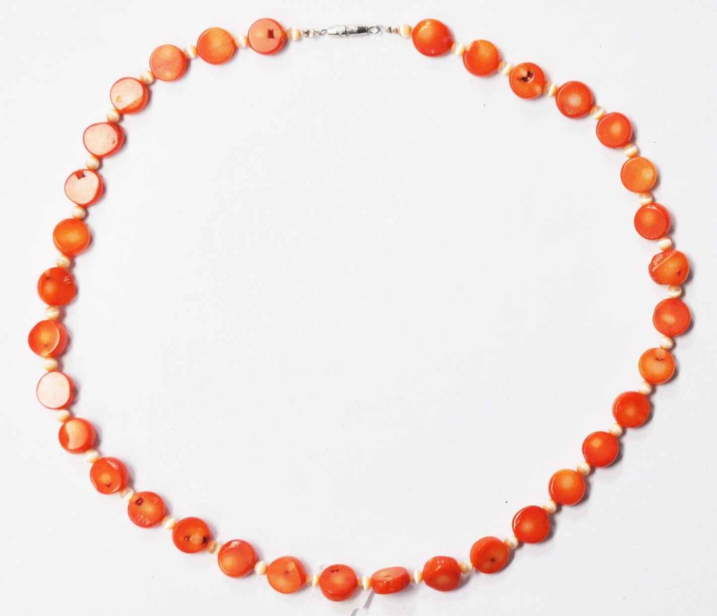 Silver Plate Orange Coral Disc Peach Star Sapphire Bead 11mm Necklace 21.5"